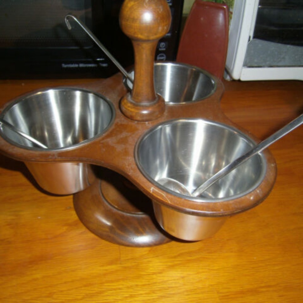 Mid-century Wood & Stainless Steel Condiment Dish 3sections & 3 spoons - Picture 2 of 8